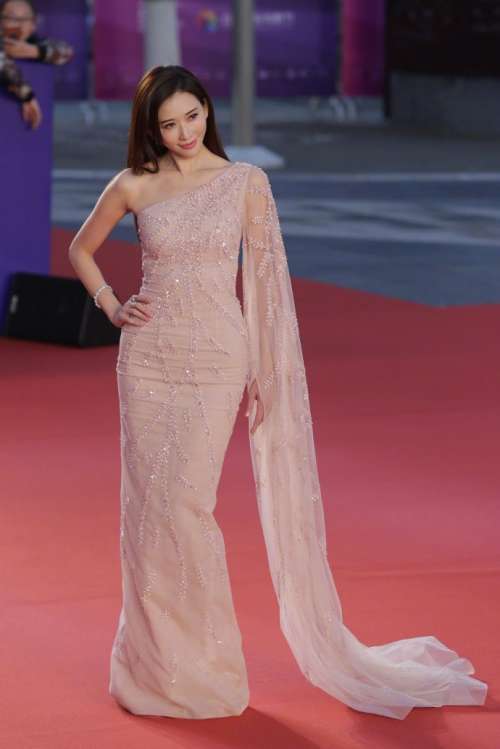 台湾明星林志玲身穿裸色长裙女神范十足亮