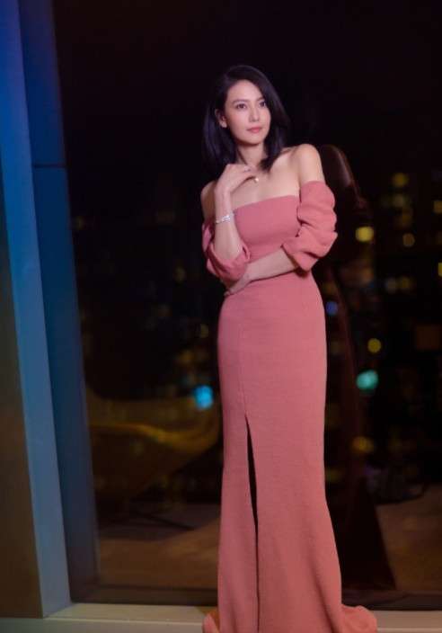 大眼明星高圆圆身穿抹式粉色礼服图片