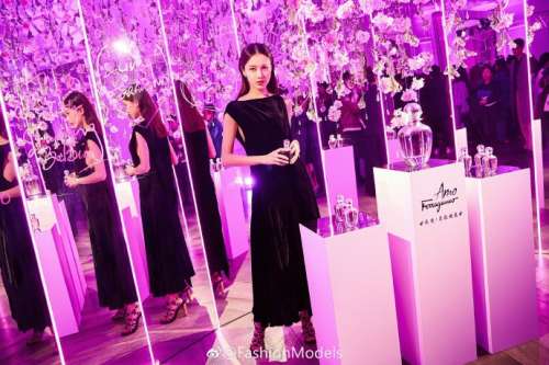 北京明星黄一琳秋冬丝绒连衣裙搭配红唇图
