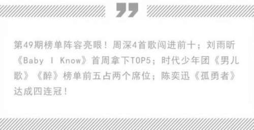 陈奕迅四连冠，刘雨昕时代少年团新歌冲进前5！